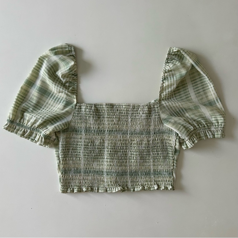 Emory Park Green Plaid Puff Sleeve Crop Smocked Back Spring Trendy Size Small - Picture 2 of 6